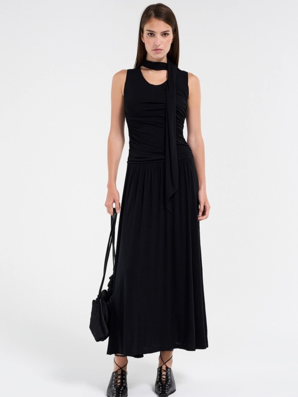 Solene Opal Black Maxi Dress with Detachable Scarf